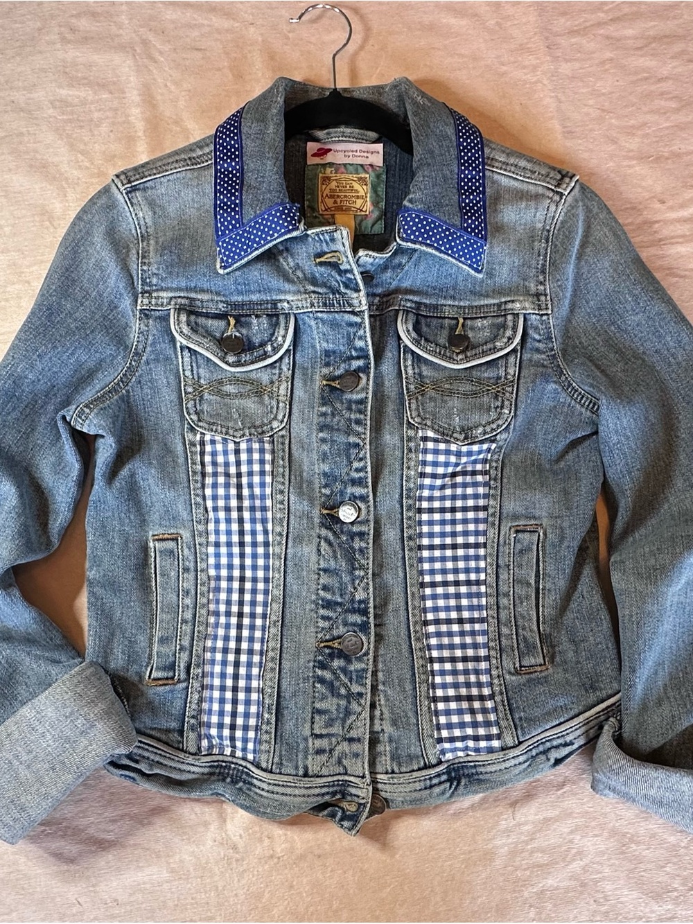 Upcycled Denim Jacket with Blue Gingham Panels and Polka Dot Collar